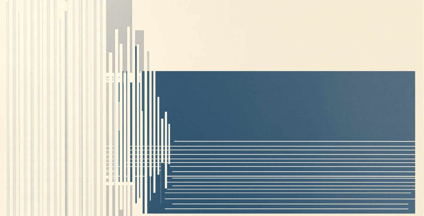 Abstract composition of short bars gathering on the left and opening into long calm rules toward the right.
